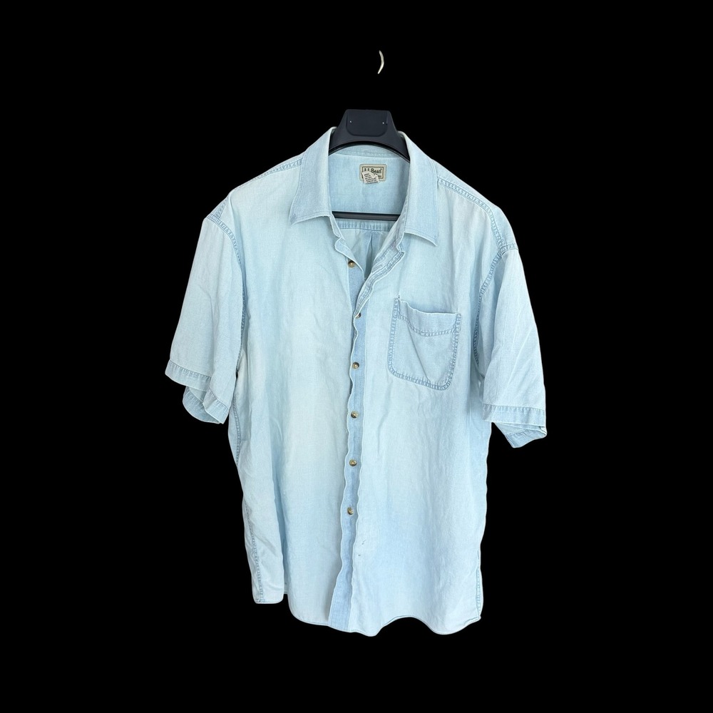 LL Bean XL Distressed Denim Short Sleeve Button Down Shirt Distressed